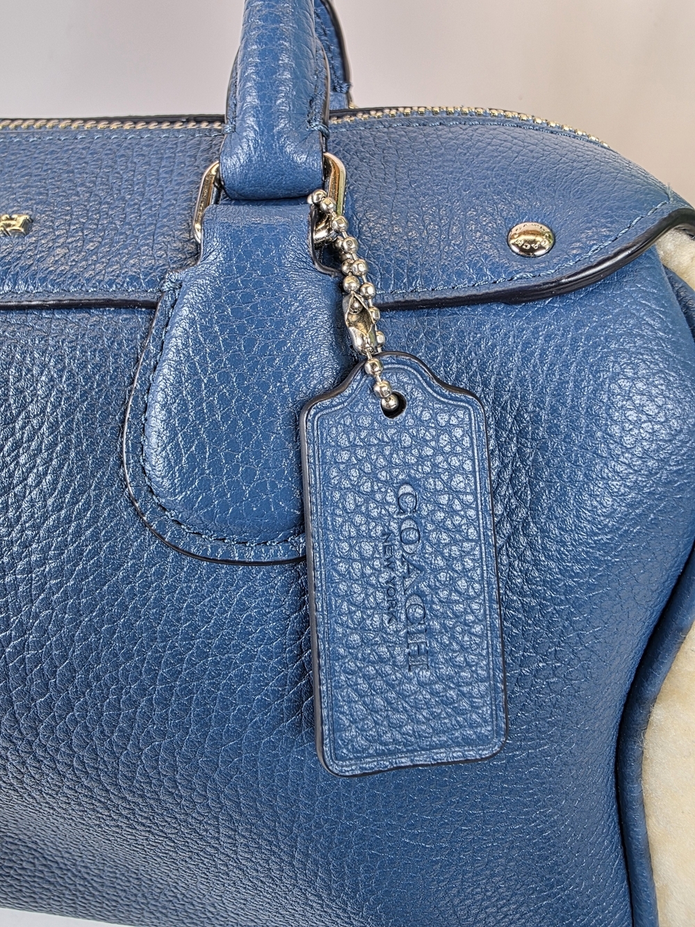 Coach Bennett Shearling Blue Pebble Leather Satchel Hand Crossbody Bag Sherpa - Picture 3 of 13